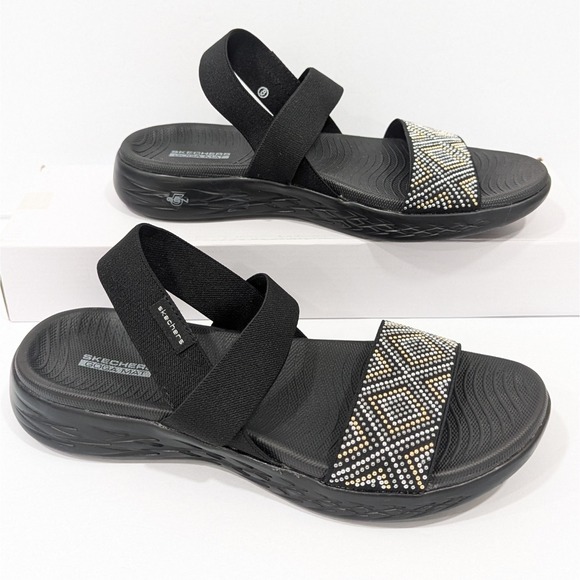 SKECHERS 600 Glitzy Goga Mat Slingback Sandals‎ Black Sequin Slip-on Size 8 - Picture 1 of 7
